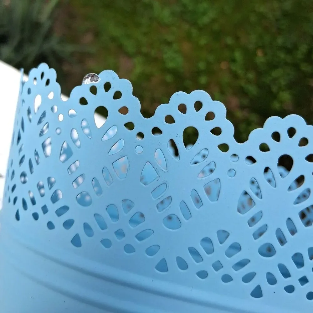 370 Baby Blue Decorative Metal Oval Basket Scalloped Lace Trim Home Decor